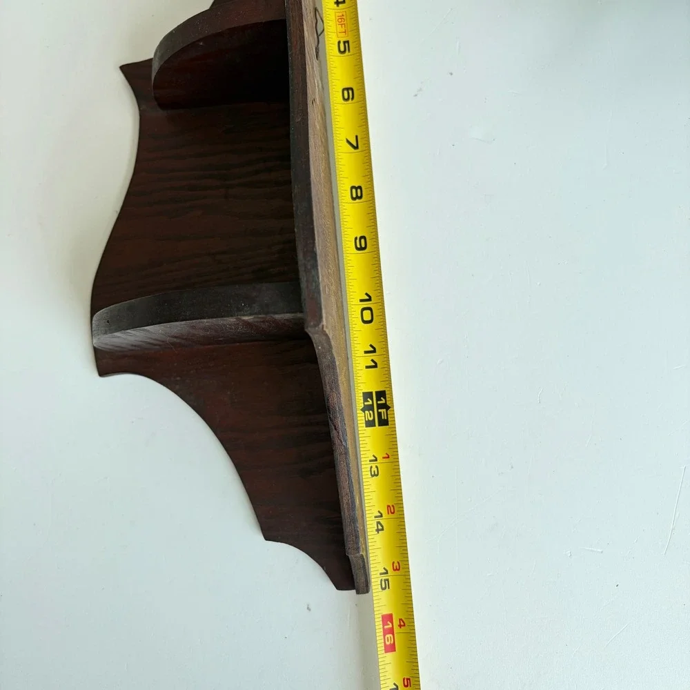 Vintage Wooden Corner Wall Shelf 2 Tier Scalloped Dark Wood Display 15.5in